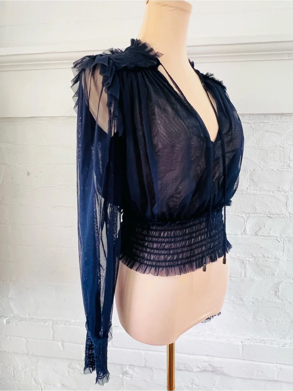 Free People Twila Sheer Net Tulle Cropped Blouse Indigo Lost Blue Boho Size Smal
